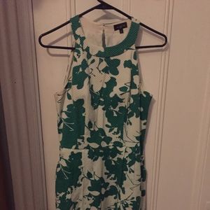 Fit and flair, halter top green floral print dress